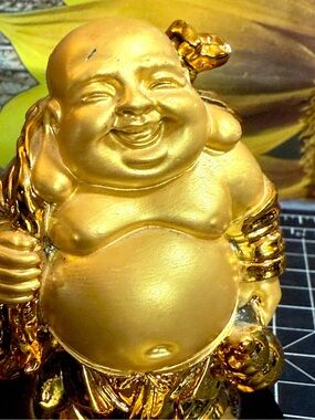 Eastern Enlightenment Golden Laughing Buddha Statue identified as Budai or Hotei